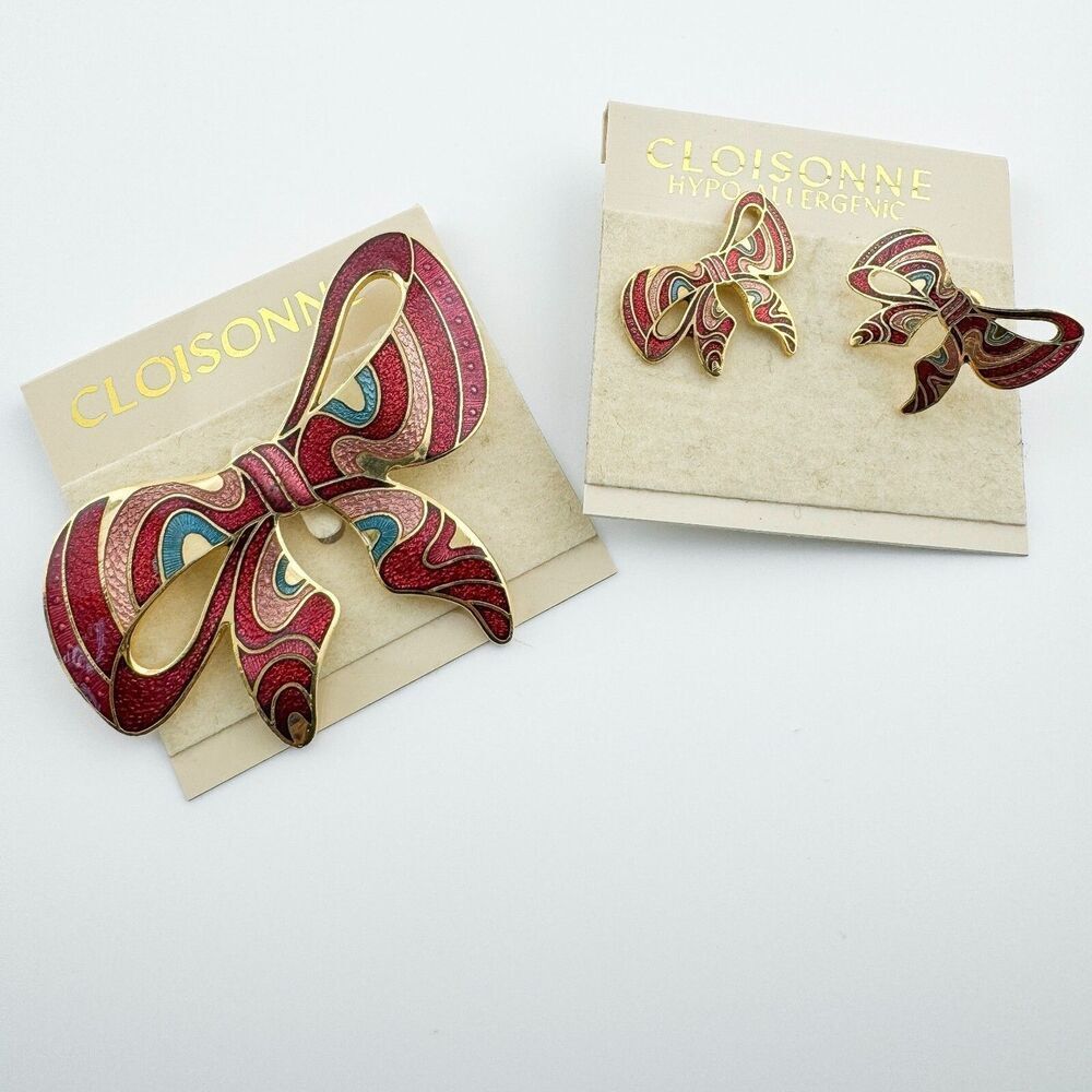 Vintage Coquette Cloisonne Bow Earrings & Brooch Set Psychedelic Retro Girly